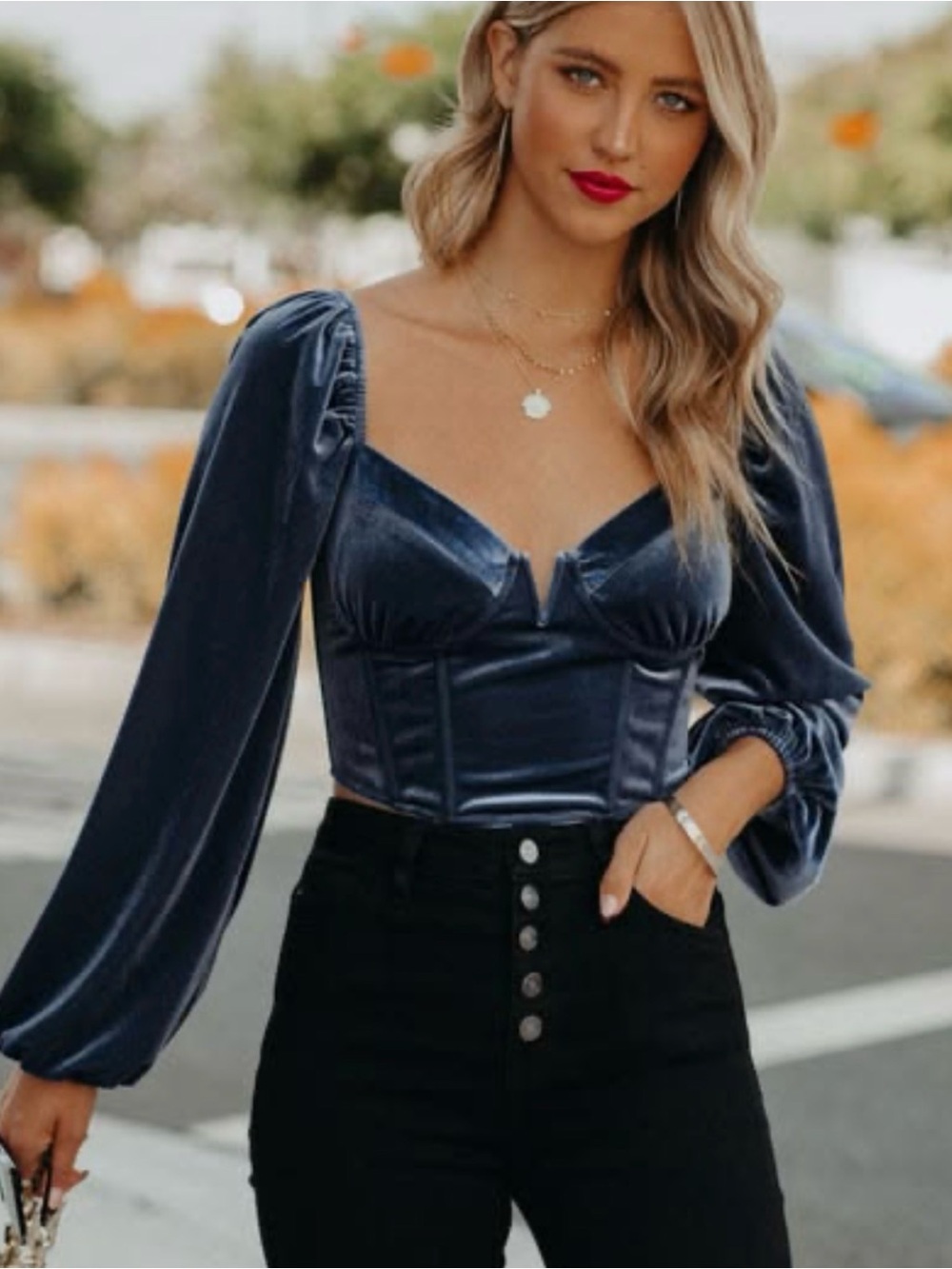 Lush Navy Velvet Long-Sleeve Corset Crop Top